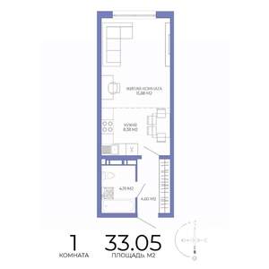 1-к квартира, строящийся дом, 33м2, 4/17 этаж