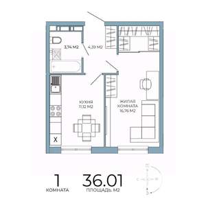 1-к квартира, строящийся дом, 36м2, 11/18 этаж