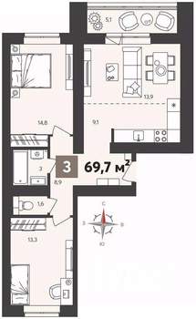 3-к квартира, вторичка, 70м2, 12/14 этаж