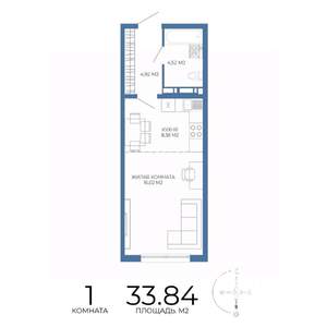 1-к квартира, строящийся дом, 34м2, 16/17 этаж