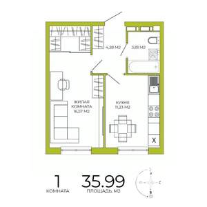 1-к квартира, строящийся дом, 36м2, 11/18 этаж