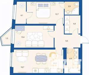 2-к квартира, вторичка, 69м2, 8/16 этаж