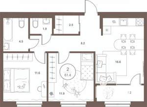 2-к квартира, вторичка, 61м2, 1/16 этаж