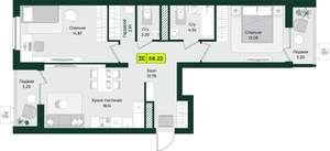3-к квартира, строящийся дом, 68м2, 8/16 этаж