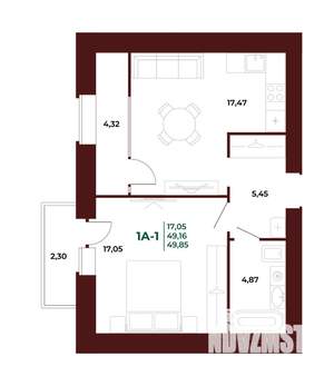 1-к квартира, вторичка, 50м2, 12/17 этаж