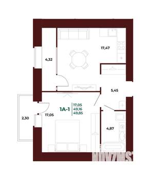 1-к квартира, вторичка, 50м2, 7/17 этаж
