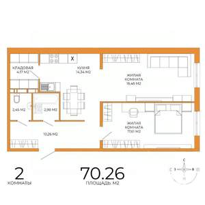 2-к квартира, строящийся дом, 70м2, 11/18 этаж