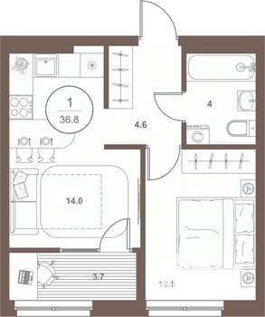 1-к квартира, вторичка, 37м2, 6/16 этаж