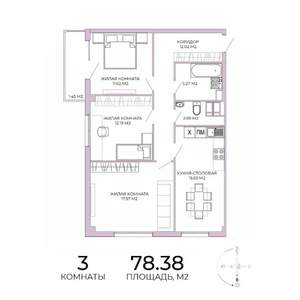 3-к квартира, вторичка, 78м2, 8/17 этаж