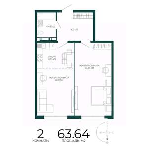 2-к квартира, вторичка, 64м2, 6/17 этаж