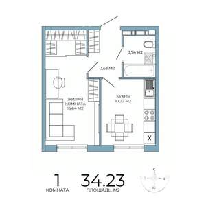 1-к квартира, строящийся дом, 34м2, 11/18 этаж