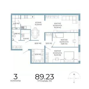 3-к квартира, строящийся дом, 89м2, 5/18 этаж