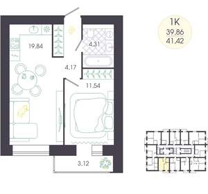 1-к квартира, вторичка, 41м2, 4/16 этаж