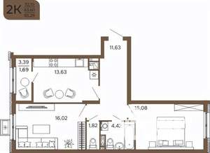 2-к квартира, вторичка, 65м2, 10/17 этаж