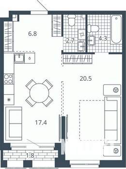 1-к квартира, вторичка, 54м2, 7/24 этаж
