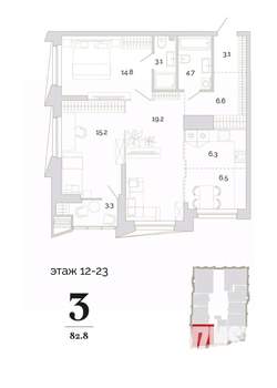 3-к квартира, вторичка, 83м2, 19/24 этаж