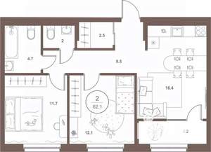 2-к квартира, вторичка, 62м2, 13/16 этаж