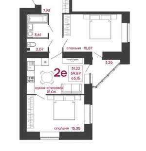 2-к квартира, сданный дом, 65м2, 14/17 этаж