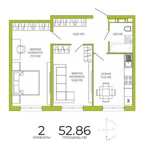 2-к квартира, строящийся дом, 53м2, 5/18 этаж