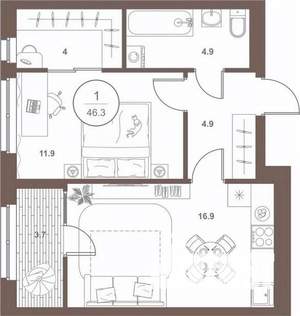 1-к квартира, вторичка, 46м2, 3/16 этаж