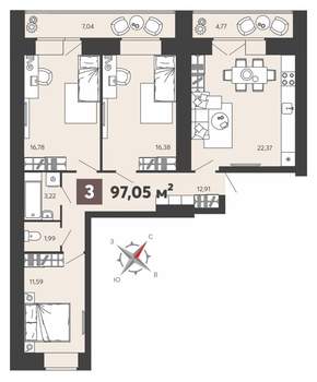 3-к квартира, строящийся дом, 97м2, 2/13 этаж