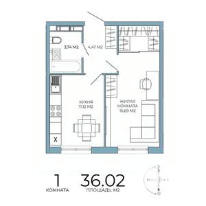 1-к квартира, вторичка, 36м2, 12/18 этаж