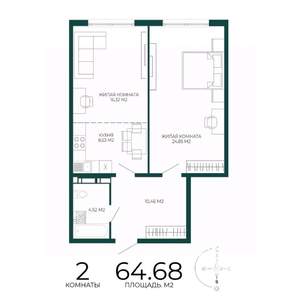 2-к квартира, строящийся дом, 65м2, 7/17 этаж