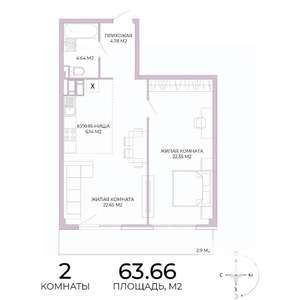 2-к квартира, вторичка, 64м2, 3/17 этаж