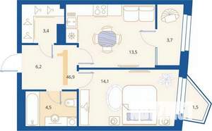 1-к квартира, вторичка, 47м2, 8/16 этаж