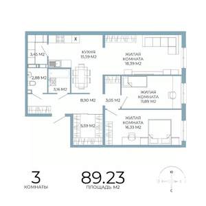 3-к квартира, строящийся дом, 89м2, 13/18 этаж