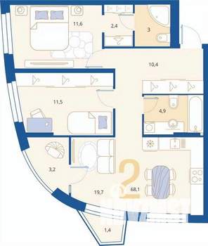2-к квартира, вторичка, 68м2, 4/16 этаж