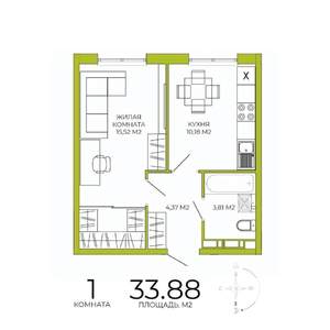 1-к квартира, строящийся дом, 34м2, 2/18 этаж