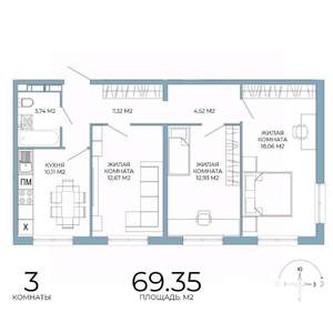 3-к квартира, строящийся дом, 69м2, 2/18 этаж