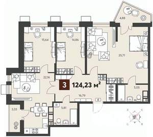 3-к квартира, вторичка, 124м2, 4/18 этаж