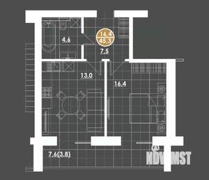 1-к квартира, строящийся дом, 47м2, 14/16 этаж