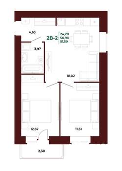 2-к квартира, вторичка, 54м2, 15/17 этаж