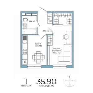1-к квартира, строящийся дом, 36м2, 7/18 этаж
