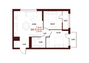 2-к квартира, строящийся дом, 56м2, 17/18 этаж