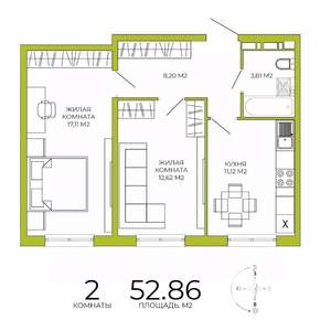 2-к квартира, вторичка, 53м2, 5/18 этаж