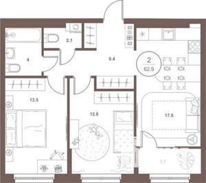 2-к квартира, вторичка, 63м2, 6/16 этаж