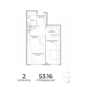 2-к квартира, строящийся дом, 53м2, 8/17 этаж