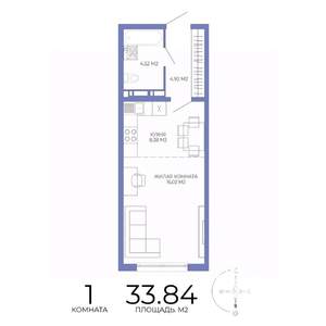 1-к квартира, строящийся дом, 34м2, 6/17 этаж
