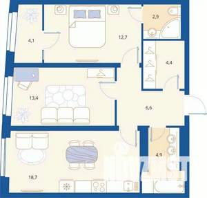 2-к квартира, вторичка, 67м2, 13/16 этаж