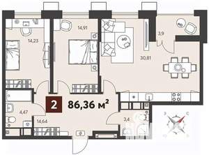 2-к квартира, вторичка, 86м2, 4/18 этаж