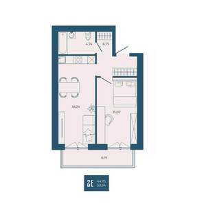 2-к квартира, вторичка, 51м2, 8/17 этаж