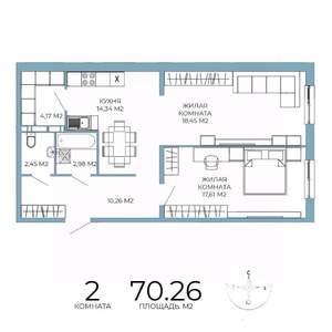 2-к квартира, строящийся дом, 70м2, 6/18 этаж