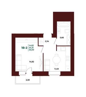 1-к квартира, вторичка, 35м2, 14/17 этаж
