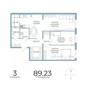 3-к квартира, строящийся дом, 89м2, 3/18 этаж