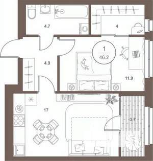 1-к квартира, вторичка, 46м2, 5/16 этаж