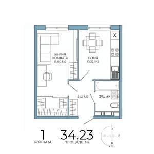 1-к квартира, строящийся дом, 34м2, 14/18 этаж